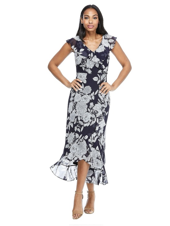 London Times Dresses & Skirts - London Times Navy Floral Maxi Hi Low V-neck Beach Dress with Ruffles Sz 10